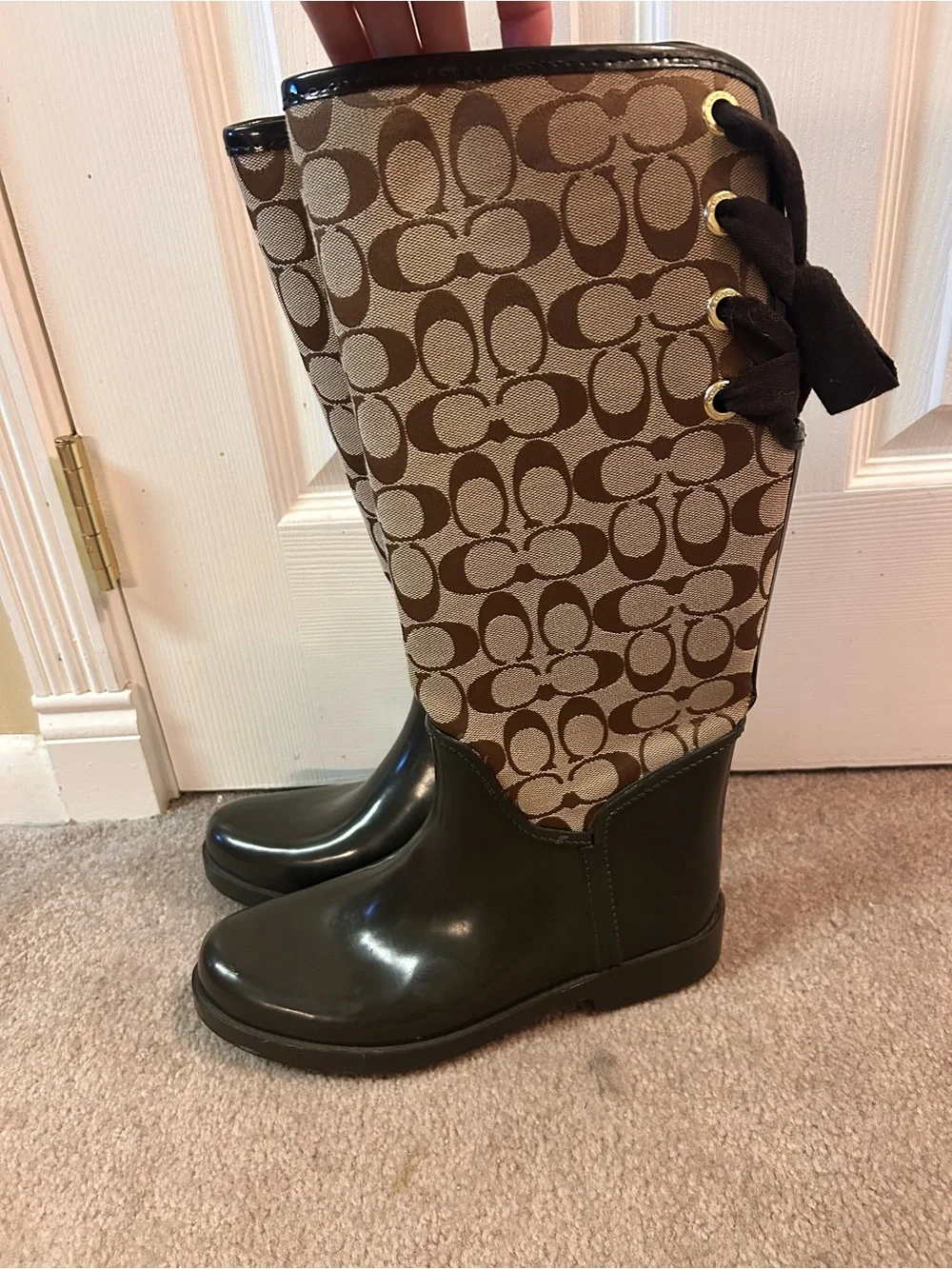 Coach Tan Signature Logo Rain Boots with Olive Trim